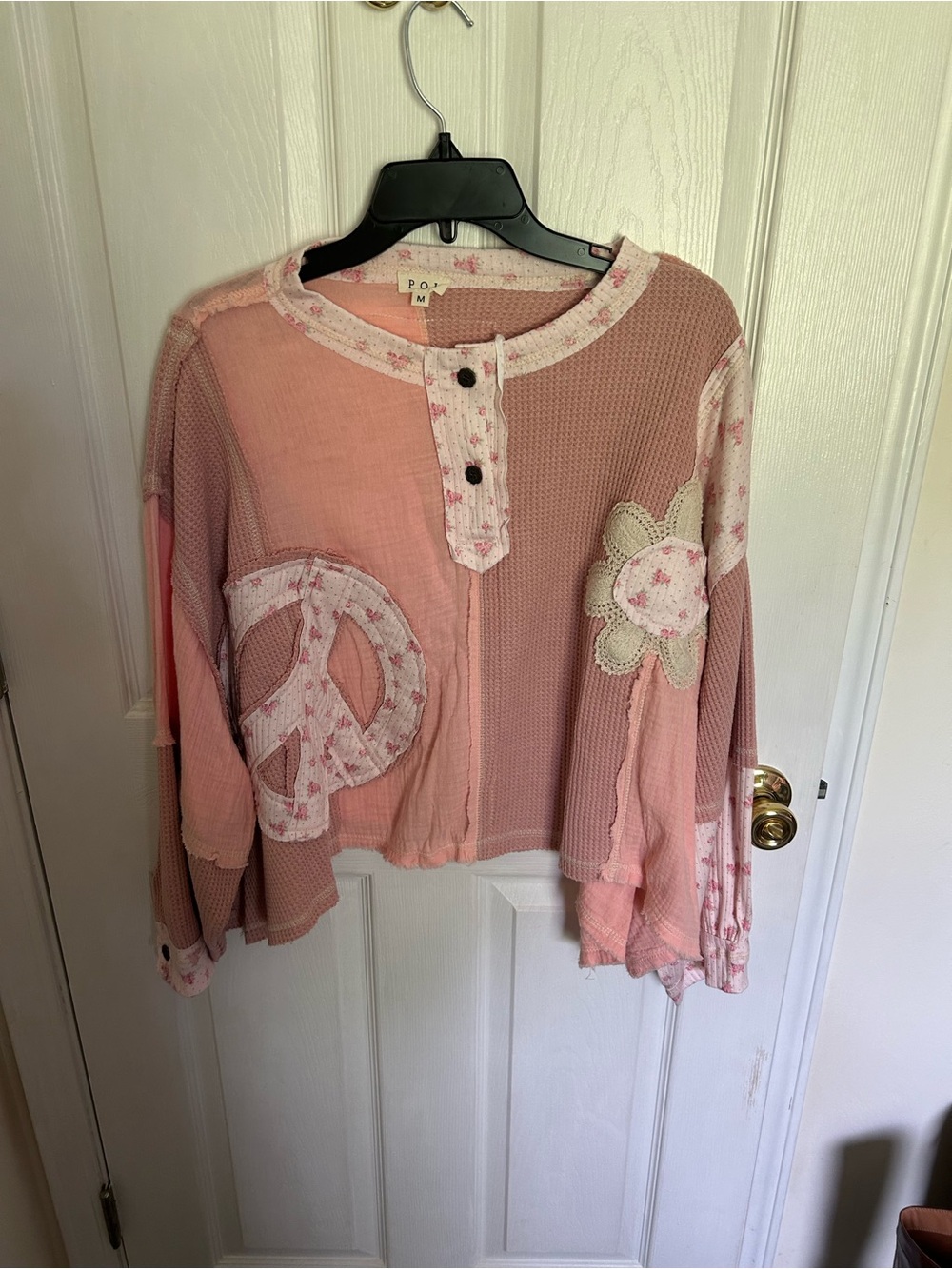 POL Pink Patchwork Peace Sign Waffle-Knit
